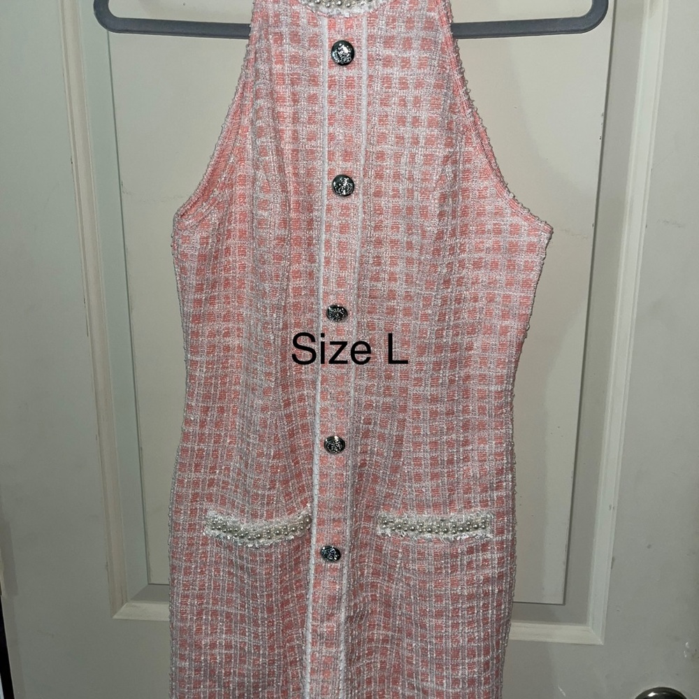 Pink and White Tweed Dress with Button Details